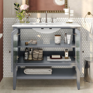36 Inch Bathroom Vanity with Ceramic Sink Adjustable Shelf Solid Wood Legs Soft Close Hinges Gray