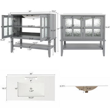 36 Inch Bathroom Vanity with Ceramic Sink Adjustable Shelf Solid Wood Legs Soft Close Hinges Gray