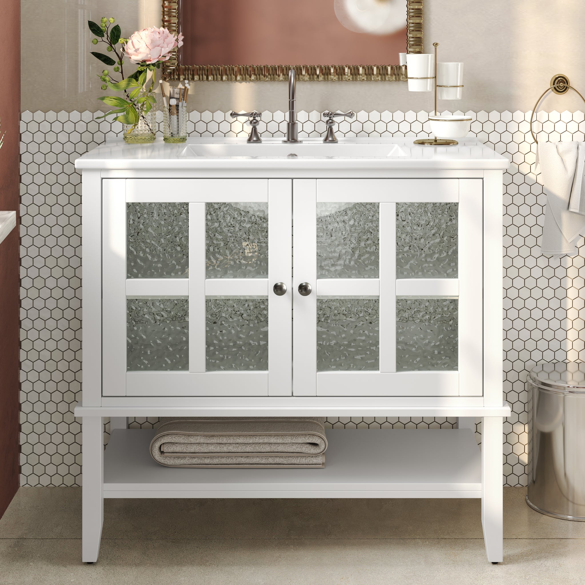 36 Inch Bathroom Vanity with Ceramic Sink Adjustable Shelf Solid Wood Legs Soft Close Hinges White