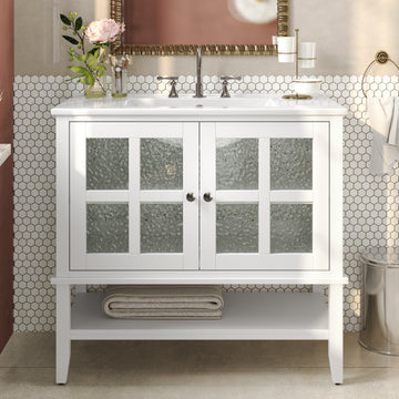 36 Inch Bathroom Vanity with Ceramic Sink Adjustable Shelf Solid Wood Legs Soft Close Hinges White