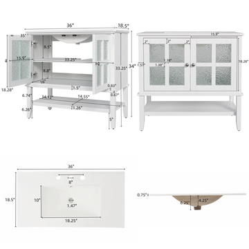 36 Inch Bathroom Vanity with Ceramic Sink Adjustable Shelf Solid Wood Legs Soft Close Hinges White