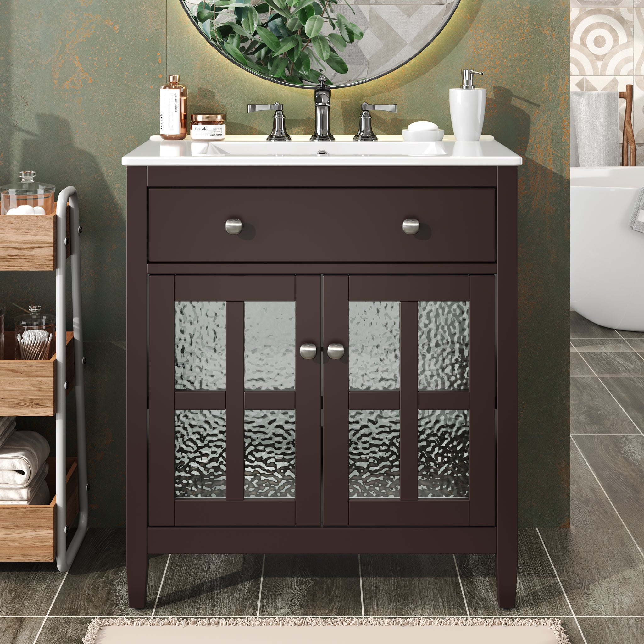 30 Inch Bathroom Vanity with Ceramic Sink Adjustable Shelf Tip Out Tray Solid Wood Legs Dark Brown