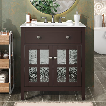 30 Inch Bathroom Vanity with Ceramic Sink Adjustable Shelf Tip Out Tray Solid Wood Legs Dark Brown