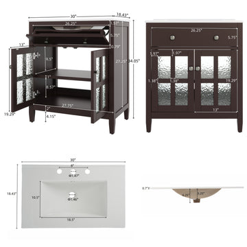 30 Inch Bathroom Vanity with Ceramic Sink Adjustable Shelf Tip Out Tray Solid Wood Legs Dark Brown
