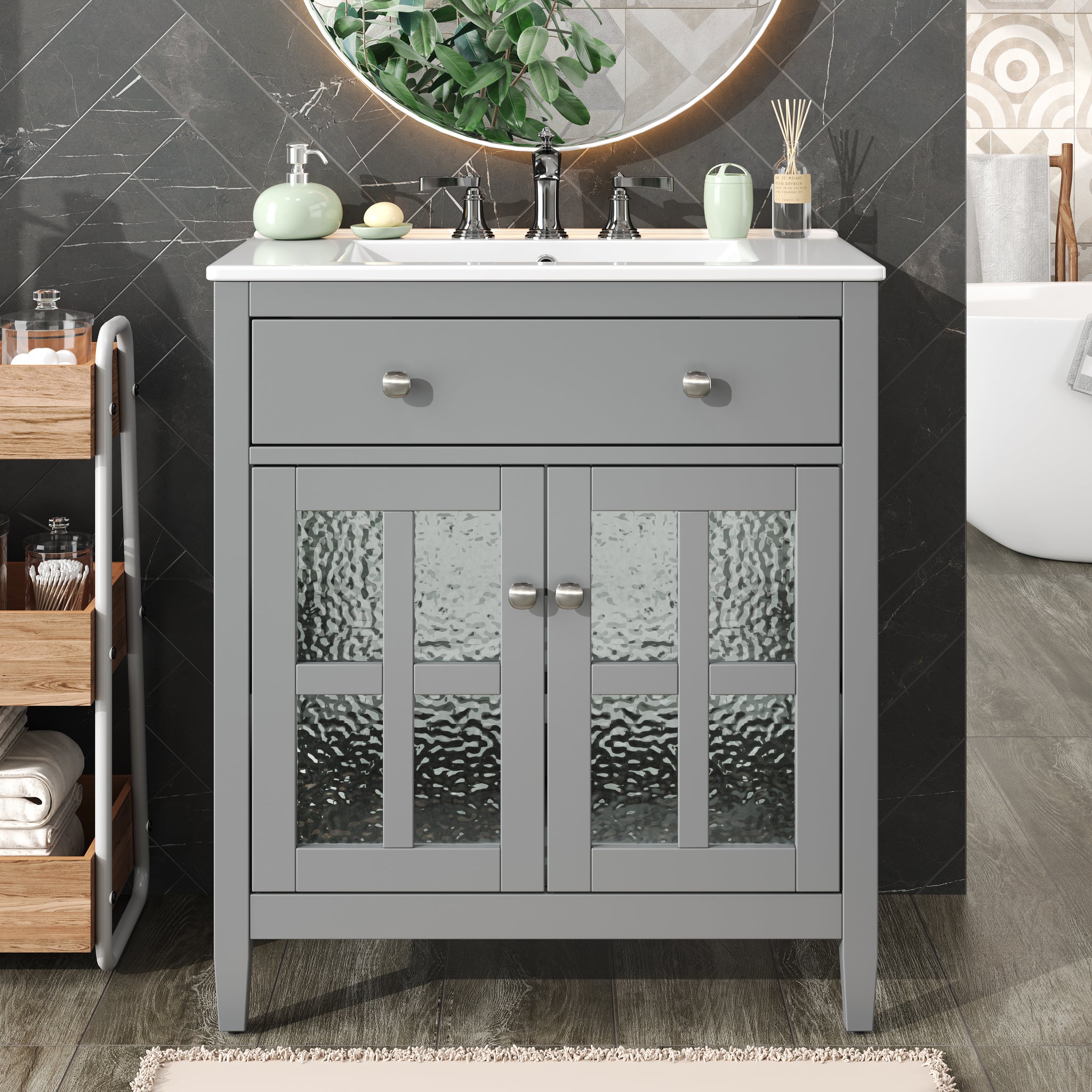 30 Inch Bathroom Vanity with Ceramic Sink Adjustable Shelf Tip Out Tray Solid Wood Legs Gray