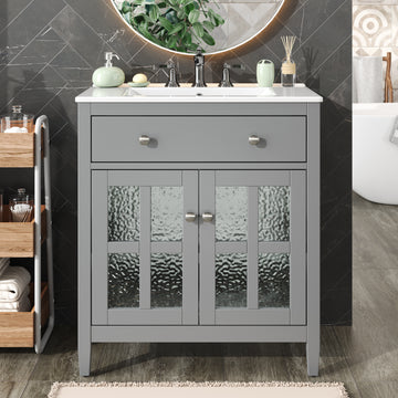 30 Inch Bathroom Vanity with Ceramic Sink Adjustable Shelf Tip Out Tray Solid Wood Legs Gray