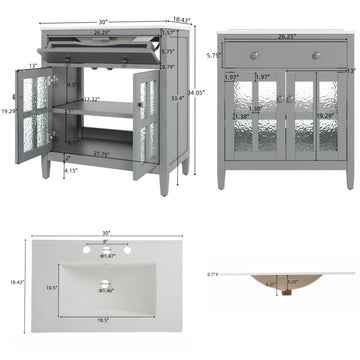30 Inch Bathroom Vanity with Ceramic Sink Adjustable Shelf Tip Out Tray Solid Wood Legs Gray