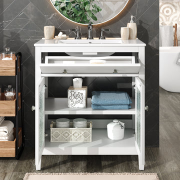 30 Inch Bathroom Vanity with Ceramic Sink Adjustable Shelf Tip Out Tray Solid Wood Legs White