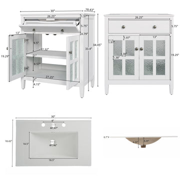 30 Inch Bathroom Vanity with Ceramic Sink Adjustable Shelf Tip Out Tray Solid Wood Legs White