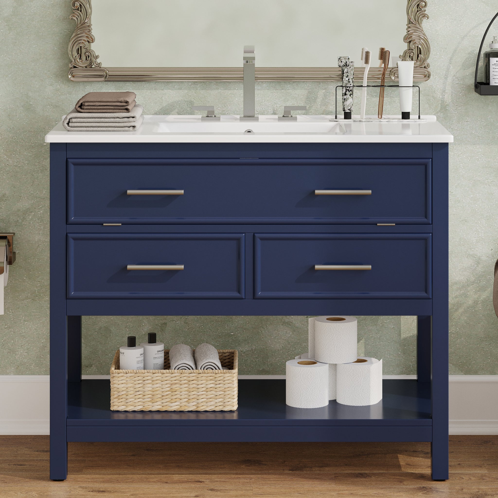 36 Inch Bathroom Vanity with Ceramic Sink Tip Out Tray Full Extension Drawers Soft Close Blue