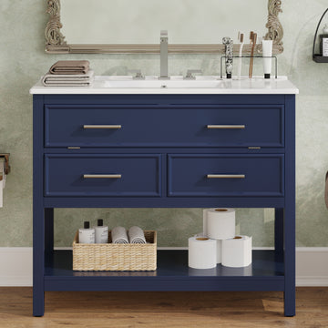 36 Inch Bathroom Vanity with Ceramic Sink Tip Out Tray Full Extension Drawers Soft Close Blue