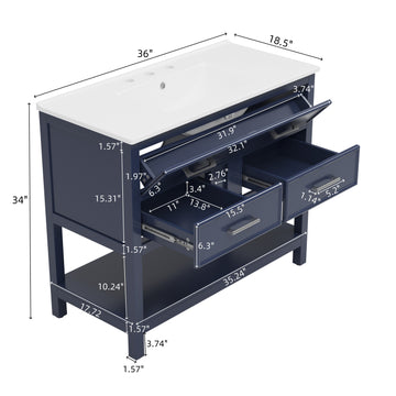 36 Inch Bathroom Vanity with Ceramic Sink Tip Out Tray Full Extension Drawers Soft Close Blue
