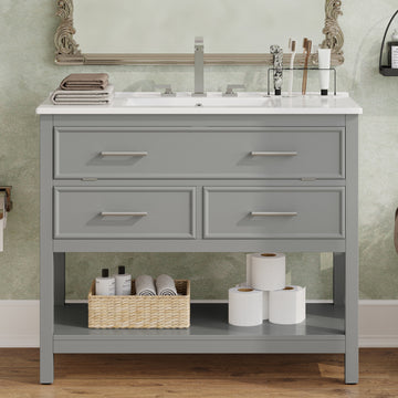 36 Inch Bathroom Vanity with Ceramic Sink Tip Out Tray Full Extension Drawers Soft Close Gray