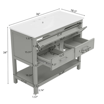 36 Inch Bathroom Vanity with Ceramic Sink Tip Out Tray Full Extension Drawers Soft Close Gray