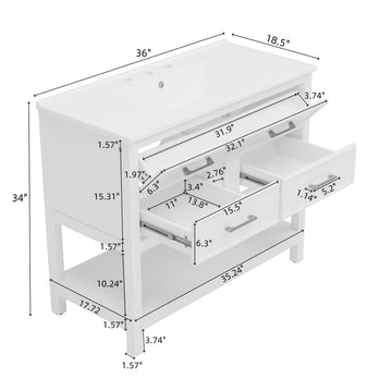 36 Inch Bathroom Vanity with Ceramic Sink Tip Out Tray Full Extension Drawers Soft Close White