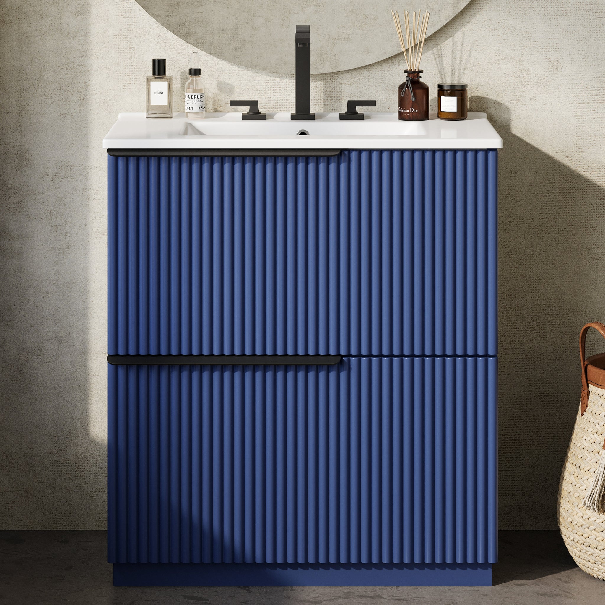 30 Inch Bathroom Vanity with Ceramic Sink Full Extension Drawers Soft Close Fluted Design Blue