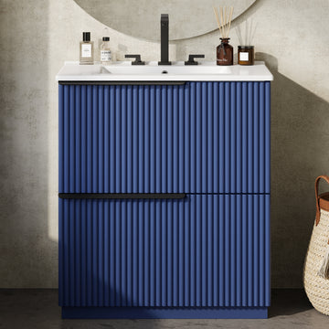 30 Inch Bathroom Vanity with Ceramic Sink Full Extension Drawers Soft Close Fluted Design Blue