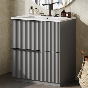 30 Inch Bathroom Vanity with Ceramic Sink Full Extension Drawers Soft Close Fluted Design Gray