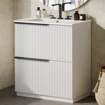 30 Inch Bathroom Vanity with Ceramic Sink Full Extension Drawers Soft Close Fluted Design White