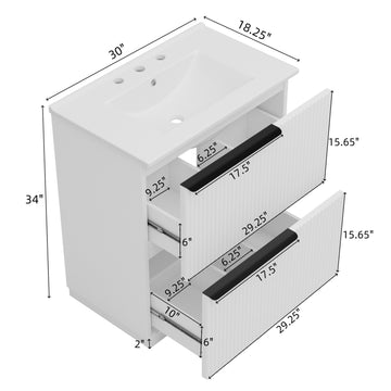 30 Inch Bathroom Vanity with Ceramic Sink Full Extension Drawers Soft Close Fluted Design White