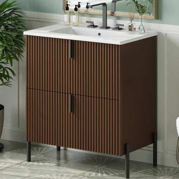 30 Inch Bathroom Vanity with Ceramic Sink Vertical Pulls Full Extension Drawers Soft Close Dark Brown