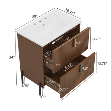 30 Inch Bathroom Vanity with Ceramic Sink Vertical Pulls Full Extension Drawers Soft Close Dark Brown