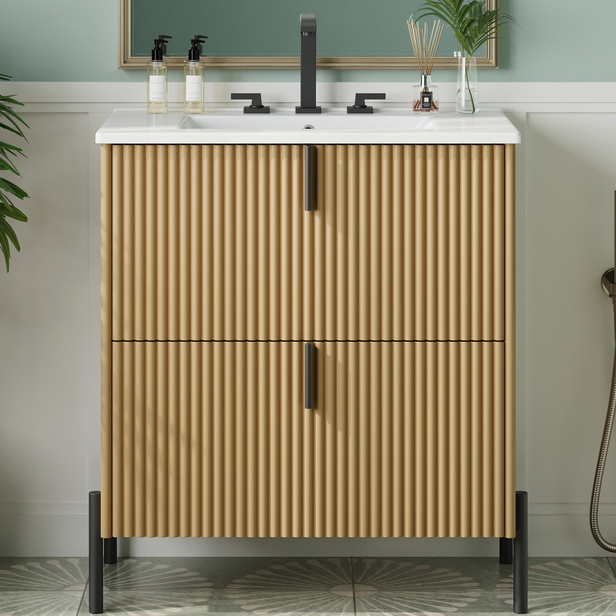 30 Inch Bathroom Vanity with Ceramic Sink Vertical Pulls Full Extension Drawers Soft Close Natural