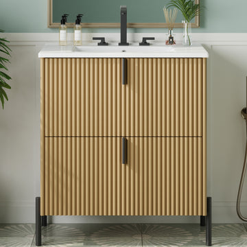 30 Inch Bathroom Vanity with Ceramic Sink Vertical Pulls Full Extension Drawers Soft Close Natural