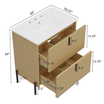 30 Inch Bathroom Vanity with Ceramic Sink Vertical Pulls Full Extension Drawers Soft Close Natural