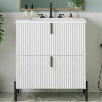 30 Inch Bathroom Vanity with Ceramic Sink Vertical Pulls Full Extension Drawers Soft Close White