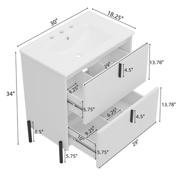 30 Inch Bathroom Vanity with Ceramic Sink Vertical Pulls Full Extension Drawers Soft Close White