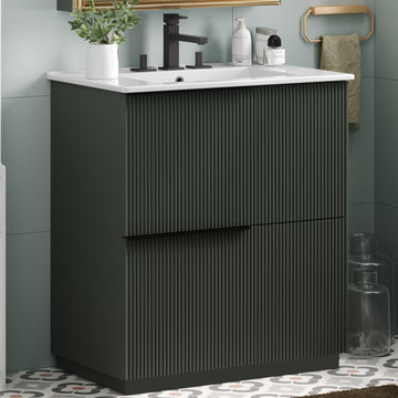 30 Inch Bathroom Vanity with Ceramic Sink Full Extension Drawers Soft Close Fluted Design Green