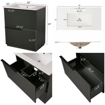 30 Inch Bathroom Vanity with Ceramic Sink Full Extension Drawers Soft Close Fluted Design Green