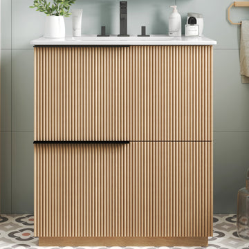 30 Inch Bathroom Vanity with Ceramic Sink Full Extension Drawers Soft Close Fluted Design Natural