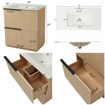 30 Inch Bathroom Vanity with Ceramic Sink Full Extension Drawers Soft Close Fluted Design Natural