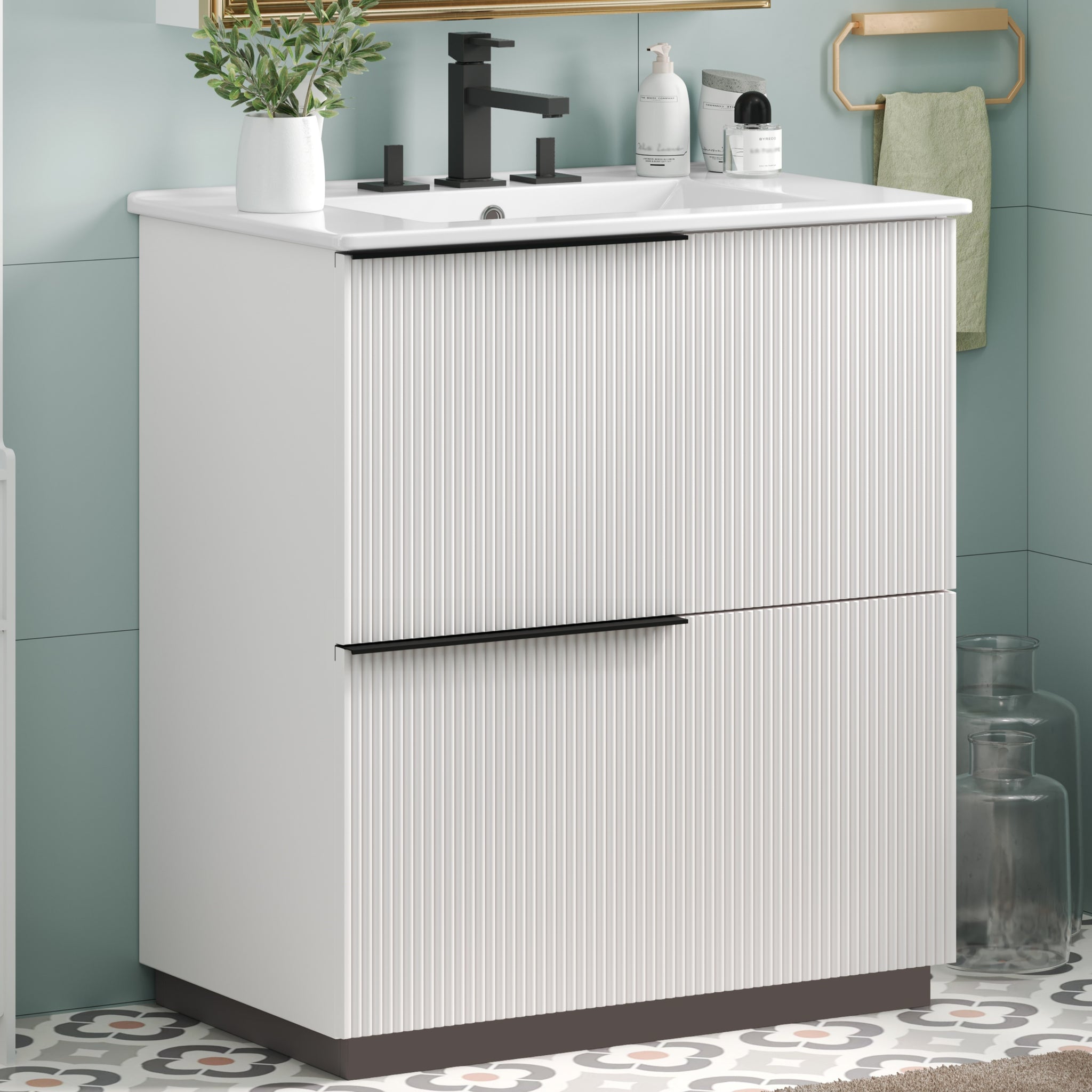 30 Inch Bathroom Vanity with Ceramic Sink Full Extension Drawers Soft Close Fluted Design White