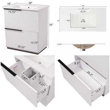 30 Inch Bathroom Vanity with Ceramic Sink Full Extension Drawers Soft Close Fluted Design White