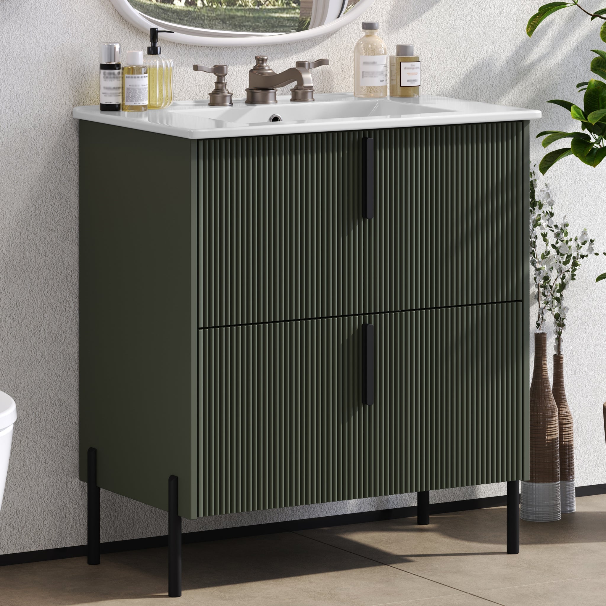 30 Inch Bathroom Vanity with Ceramic Sink Full Extension Drawers Soft Close Fluted Design Green