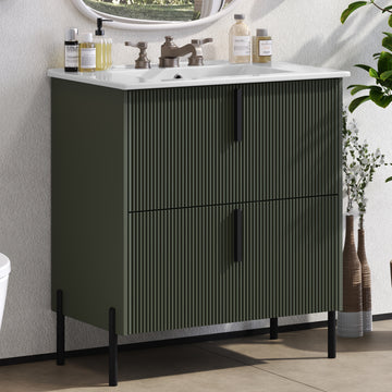 30 Inch Bathroom Vanity with Ceramic Sink Full Extension Drawers Soft Close Fluted Design Green