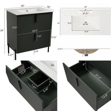 30 Inch Bathroom Vanity with Ceramic Sink Full Extension Drawers Soft Close Fluted Design Green