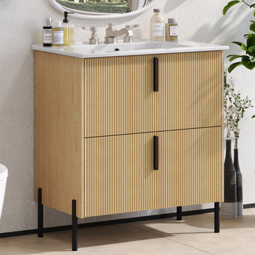 30 Inch Bathroom Vanity with Ceramic Sink Full Extension Drawers Soft Close Fluted Design Natural