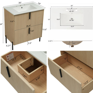 30 Inch Bathroom Vanity with Ceramic Sink Full Extension Drawers Soft Close Fluted Design Natural