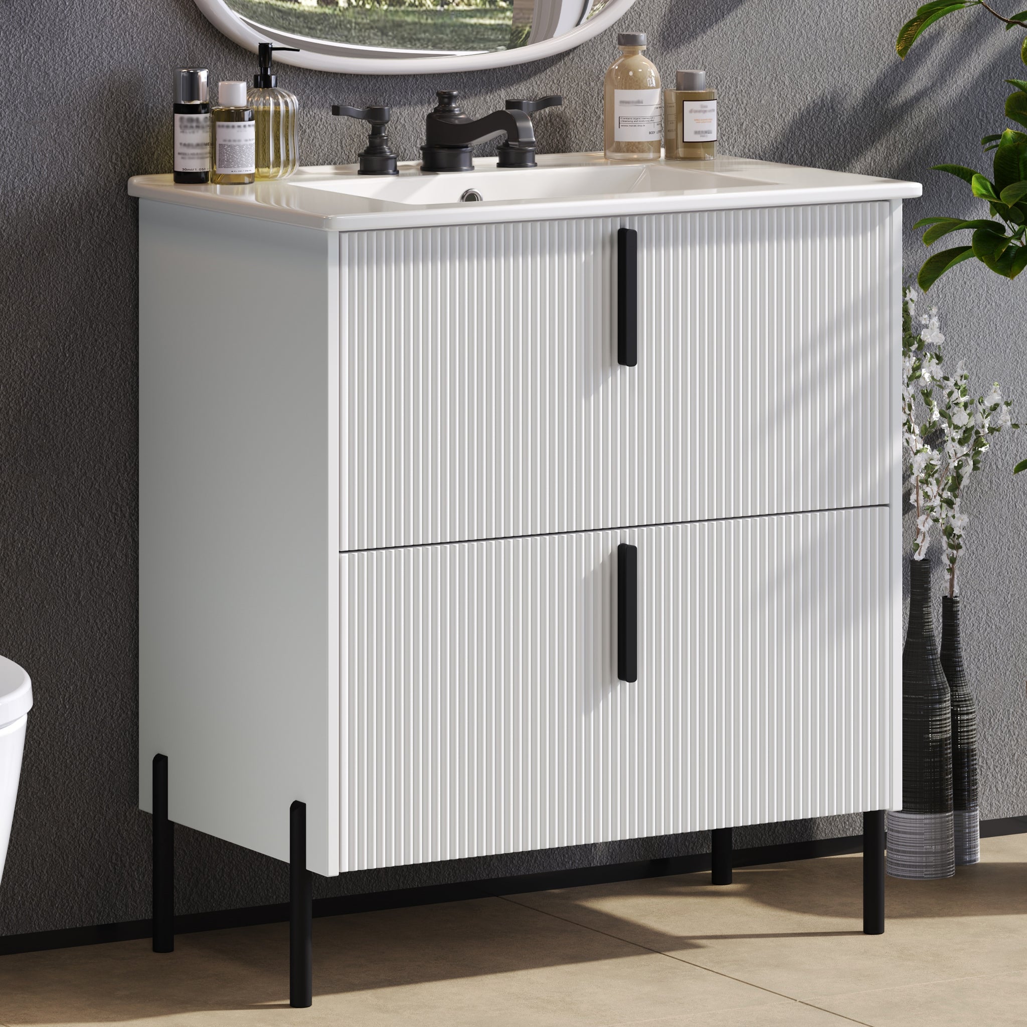 30 Inch Bathroom Vanity with Ceramic Sink Full Extension Drawers Soft Close Fluted Design White