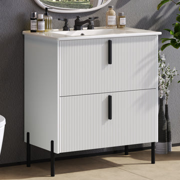 30 Inch Bathroom Vanity with Ceramic Sink Full Extension Drawers Soft Close Fluted Design White