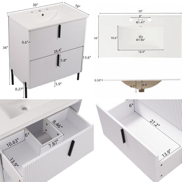30 Inch Bathroom Vanity with Ceramic Sink Full Extension Drawers Soft Close Fluted Design White