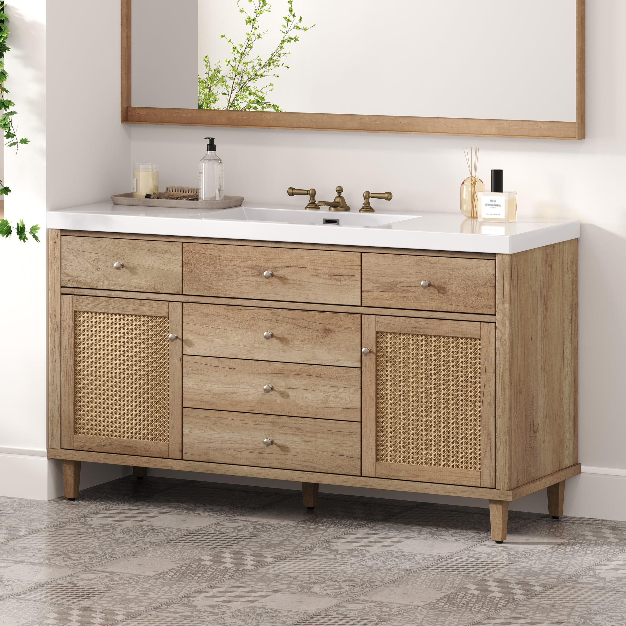 60 Inch Bathroom Vanity with SMC Sink Large Storage Cabinet Soft Close Drawers Rattan Doors Silver Knobs Natural