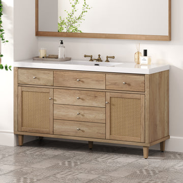 60 Inch Bathroom Vanity with SMC Sink Large Storage Cabinet Soft Close Drawers Rattan Doors Silver Knobs Natural