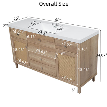 60 Inch Bathroom Vanity with SMC Sink Large Storage Cabinet Soft Close Drawers Rattan Doors Silver Knobs Natural