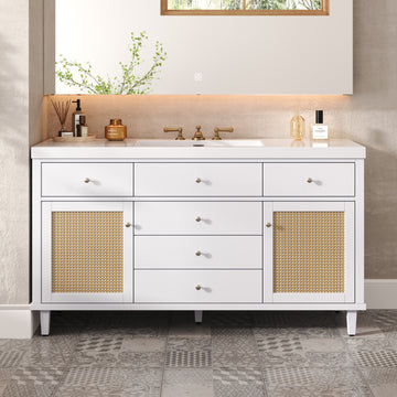 60 Inch Bathroom Vanity with SMC Sink Large Storage Cabinet Soft Close Drawers Rattan Doors Silver Knobs White
