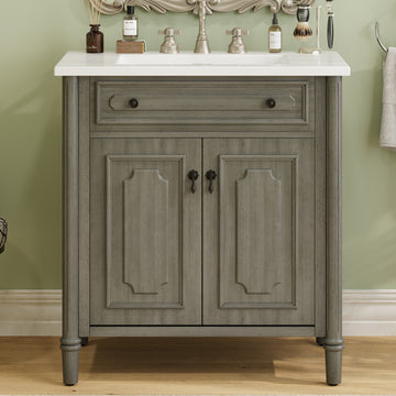 31 Inch Vintage Bathroom Vanity with Sink Rustic Cabinet Soft Close Doors Adjustable Shelf Gray